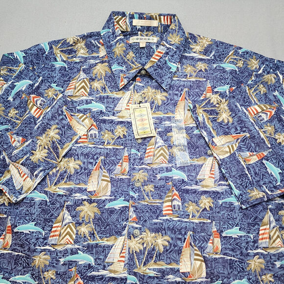 Campia Moda Men's Tropical Palm Tree, Dolphin, and Sailboat Shirt Sz L NWT - Picture 1 of 6